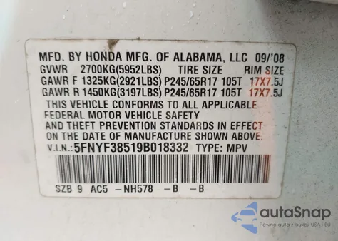 2009 Honda Pilot Ex-L from USA, damaged, VIN 5FNYF38519B018332